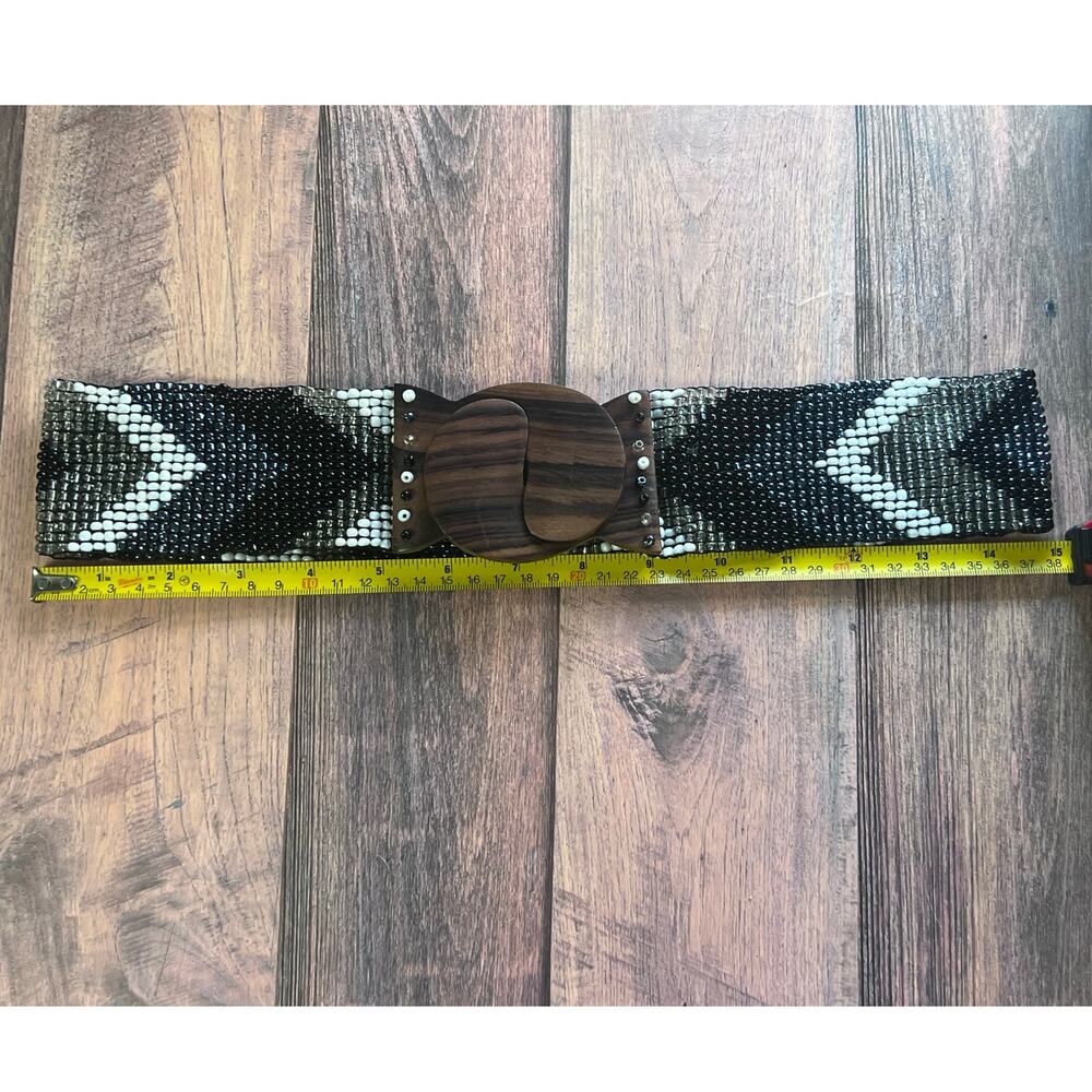Beaded Black‎ Silver White Belt With Faux Wooden Buckle 30" Stretchy